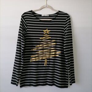 Signature Collection Womens Black Glitter Christmas Tree Striped T-Shirt Size L